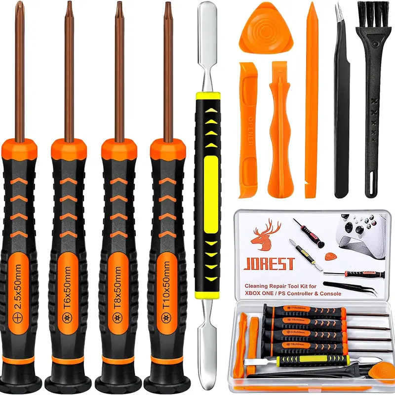 JOREST Repair Kit for Xbox One/360/X PS4 PS3 PS5, PH0 T6 T8 T10 Torx Security Screwdriver, Crowbars,Tweezers, Cleaning Tool for Controller and Console Metal Durable, Comprehensive Kit, Metal Durability, Tool Kit Set