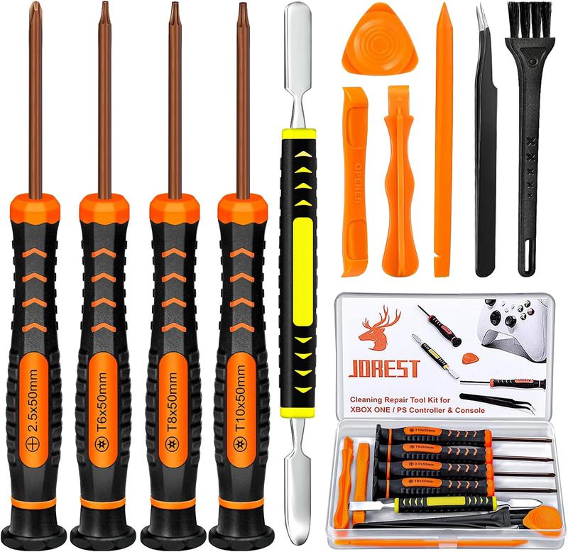 JOREST Repair Kit for Xbox One/360/X PS4 PS3 PS5, PH0 T6 T8 T10 Torx Security Screwdriver, Crowbars,Tweezers, Cleaning Tool for Controller and Console Metal Durable, Comprehensive Kit, Metal Durability, Tool Kit Set