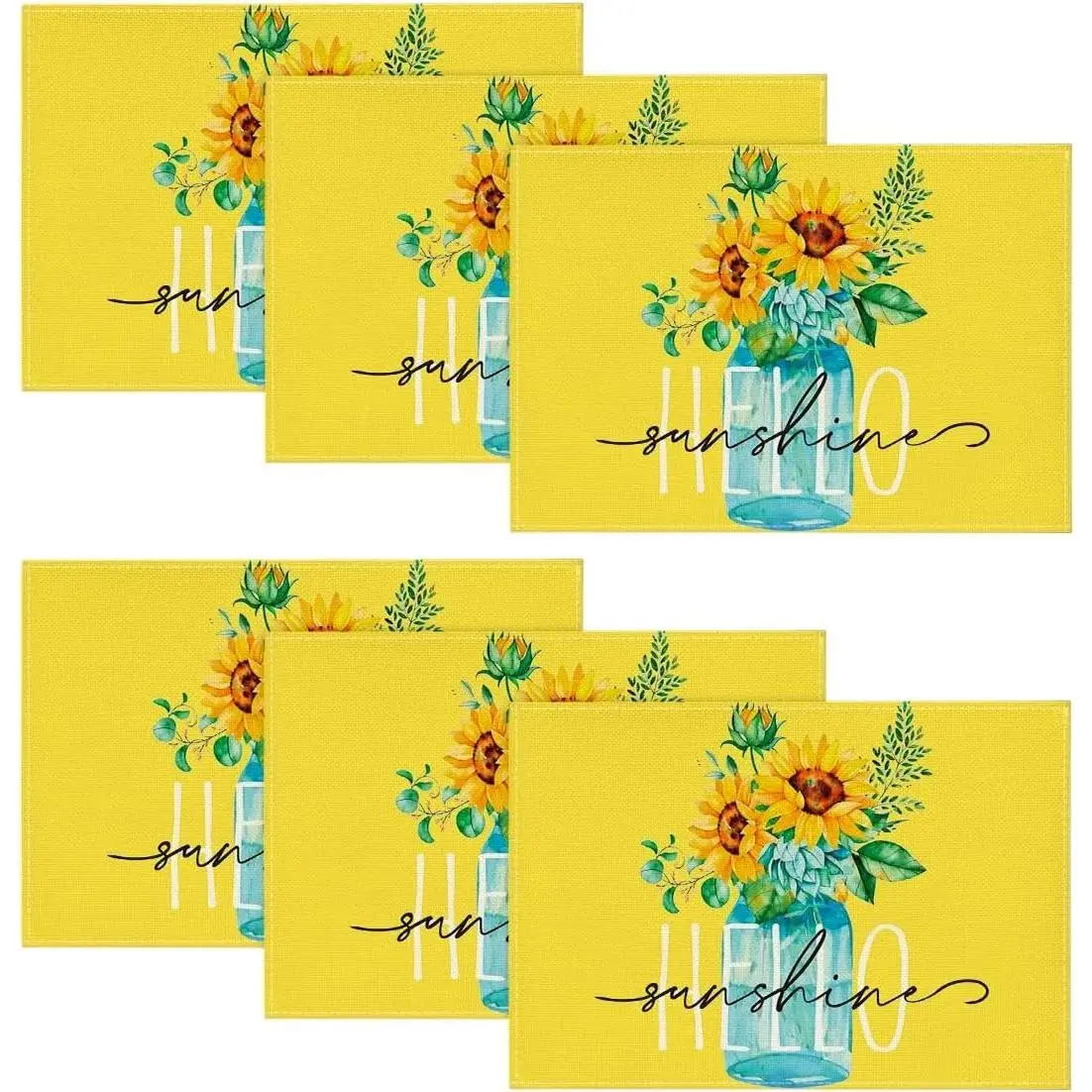 Durable Wrinkle-Proof Rectangle Hello Sunshine Sunflower Print Placemats Set of 6, 12x18 in Indoor Kitchen Tableware for Party Decoration