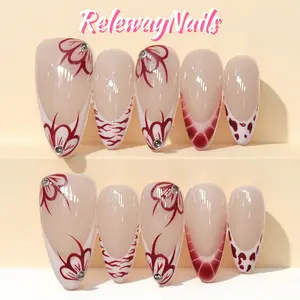 Hand Made Press On Nails Medium Almond French Nails Tip Hand Painted Flowers|Burgundy Flourish