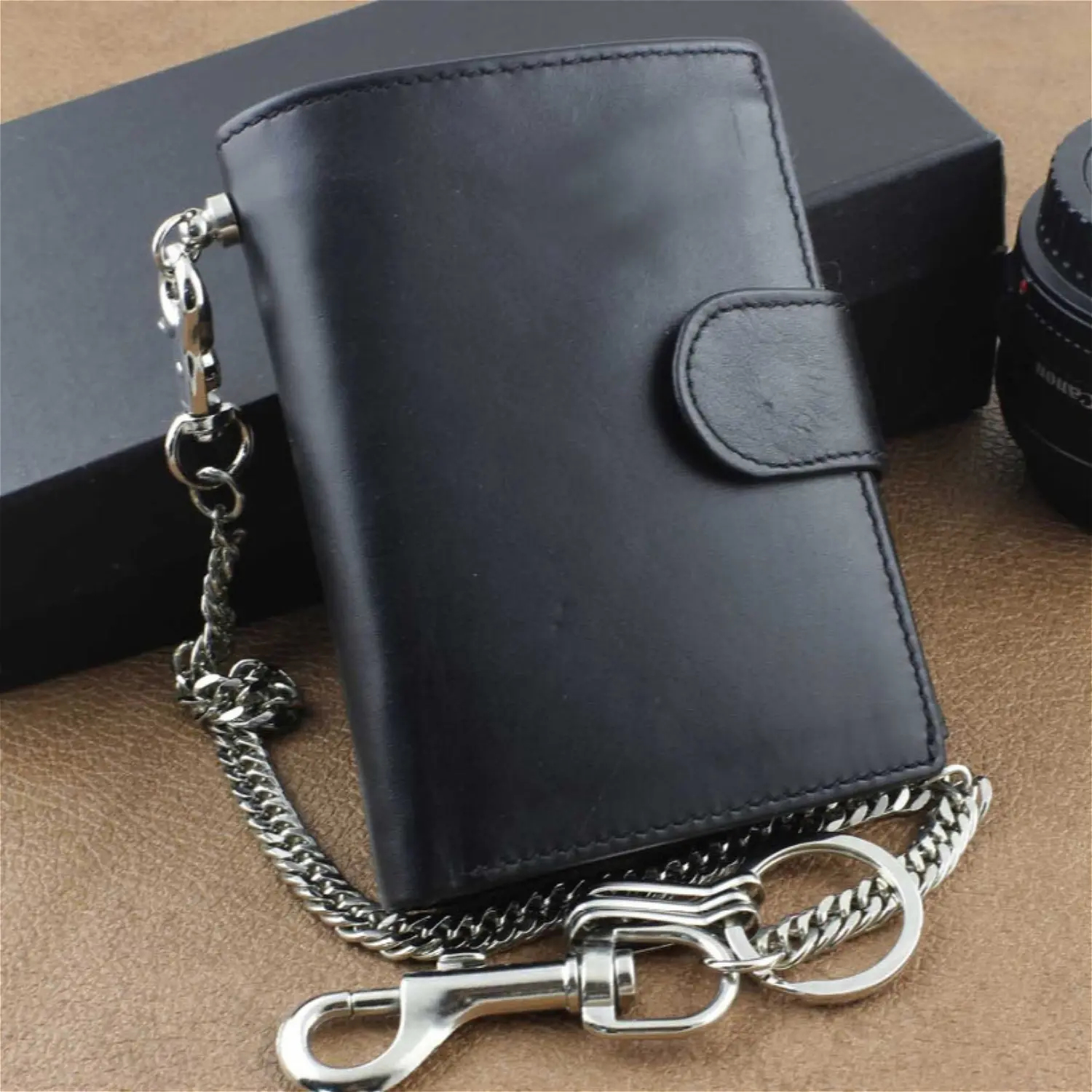 Men's Real Leather Biker Trucker Rock Money Coins Short Chain Wallet Purse Black