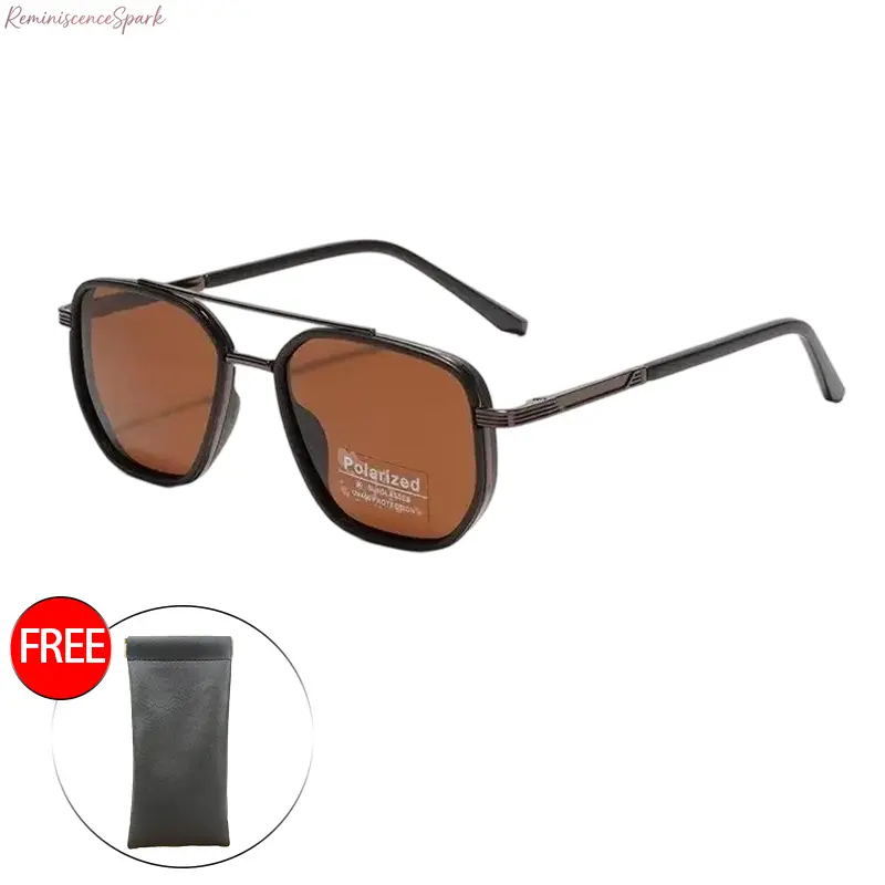 Polygonal Double Bridge Sunglasses for Men & Women, Black Polarized Eyewear with UV Protection for Travel, Includes Magnetic Leather Pouch, Black Polarized Sunglasses, Polygonal Sunglasses Frame