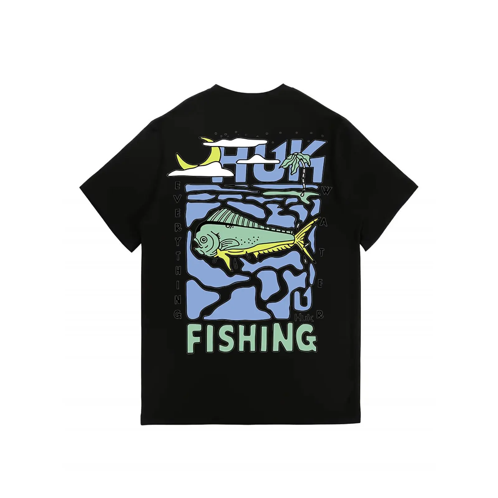 Huk Men's 100% Cotton 180g White Short-Sleeve T-Shirt with Vibrant Sea Fish Print - Relaxed Fit, Round Neck, Machine Washable, Perfect for Outdoor Fishing and Casual Wear, Fishing Gear