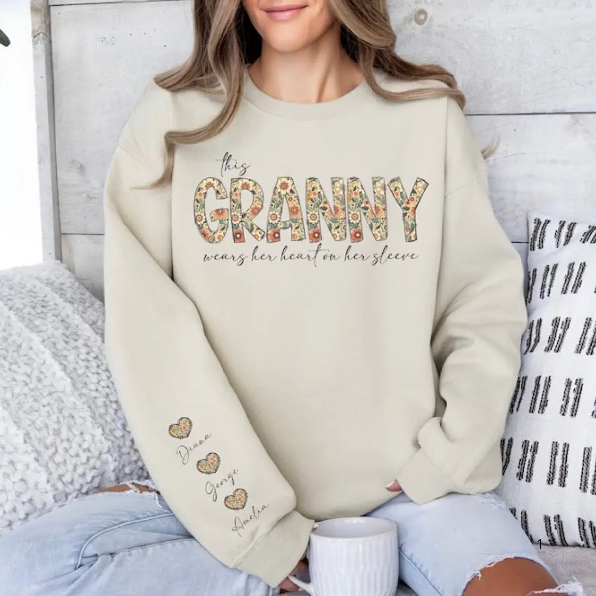 Custom Grandma Heart Sleeve Sweatshirt, Personalized Grandparent Gift, Cute Grandkids Name Crewneck, Cozy Grandma Heart Sweater