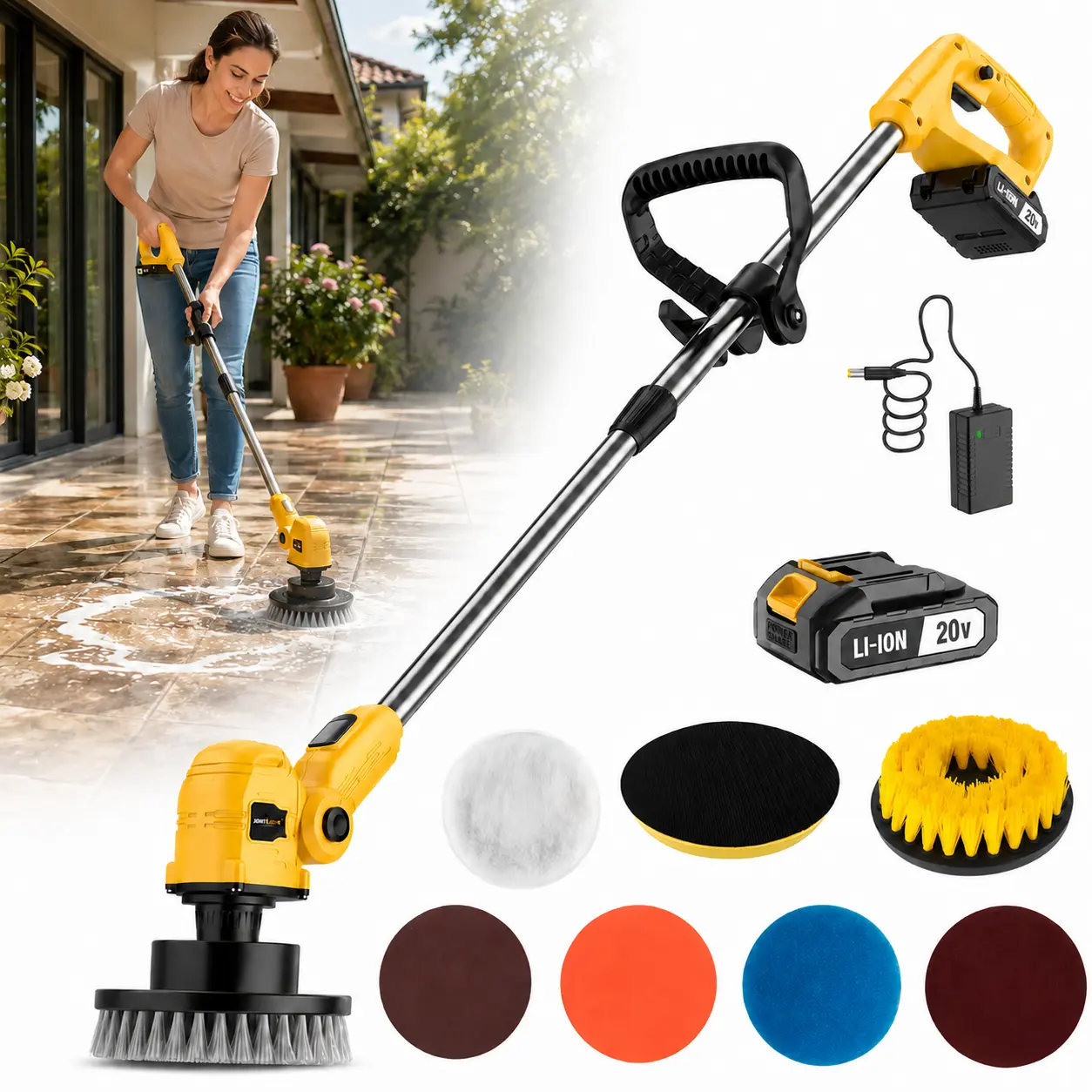 20V Cordless Electric Spin Scrubber with Telescopic Handle, 6 Cleaning Brush Heads, 550W Power, 750 RPM Rechargeable Floor Scrubber for Bathroom, Tile, Tub, Shower, Kitchen, Grout, Wall, Patio, Lightweight Home Deep Cleaning Tool