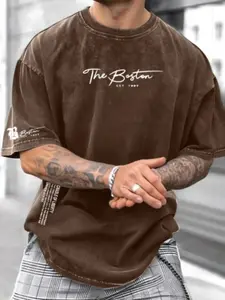 Men's Casual Sporty Short Sleeve Shirt, Boston Pattern Print, Comfortable Round Neck Tee for Outdoor Gym Streetwear