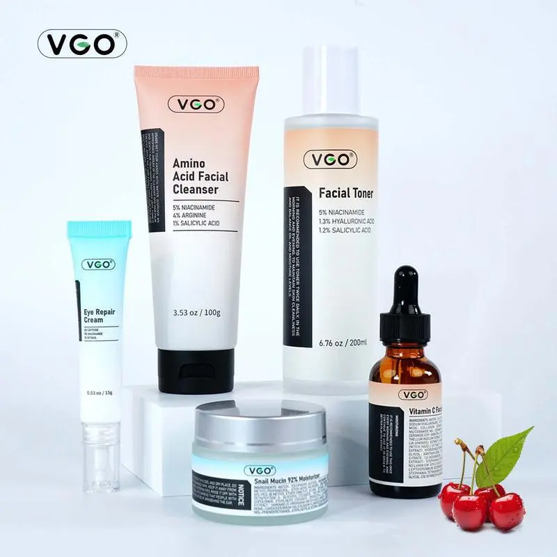 vgo five-piece daily skincare CLEANSER+TONER+SERUM+EYE CREAM+MOISTURIZER，Simple All-in-One deep hydration easily absorbed Reduce wrinkles Radiance skin beauty Five-step Routine Daily care Repair Moisturizing Improving skin condition-A