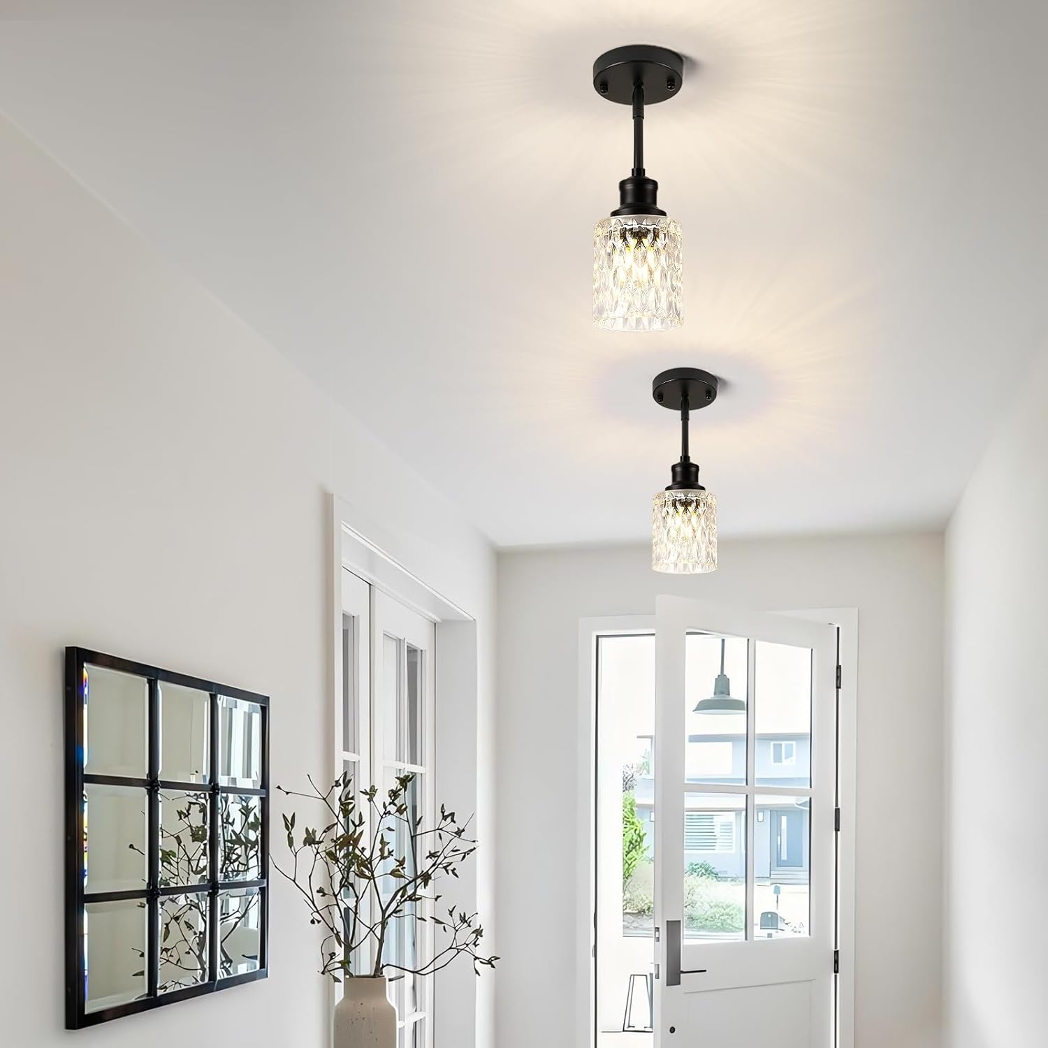 Glass Pendant Lights Kitchen Island, 1-Light Modern Black Mini Pendant with Drum Glass & Rods, Mini Hanging Light for Kitchen Sink Dining Room Bathroom