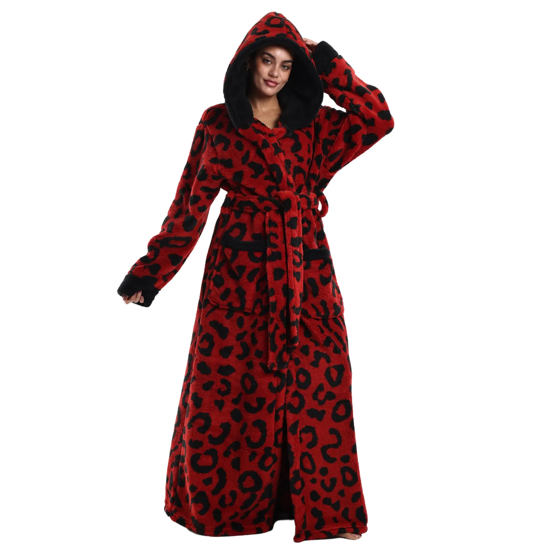 Hooded Leopard Print Long Bathrobe for Women, Thick Fuzzy Flannel Lined House Robe, Cozy Warm Full Length Loungewear Sleep Robe for Halloween