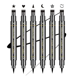 6 Pcs Double-headed Eyeliner Stamps Set Black Liquid Eye Liner Pen With Star,Moon,Heart,Flower,Smiley,Triangle Stamp Stencils Shapes for Women Makeup Kit Long-Lasting Waterproof Smudgeproof