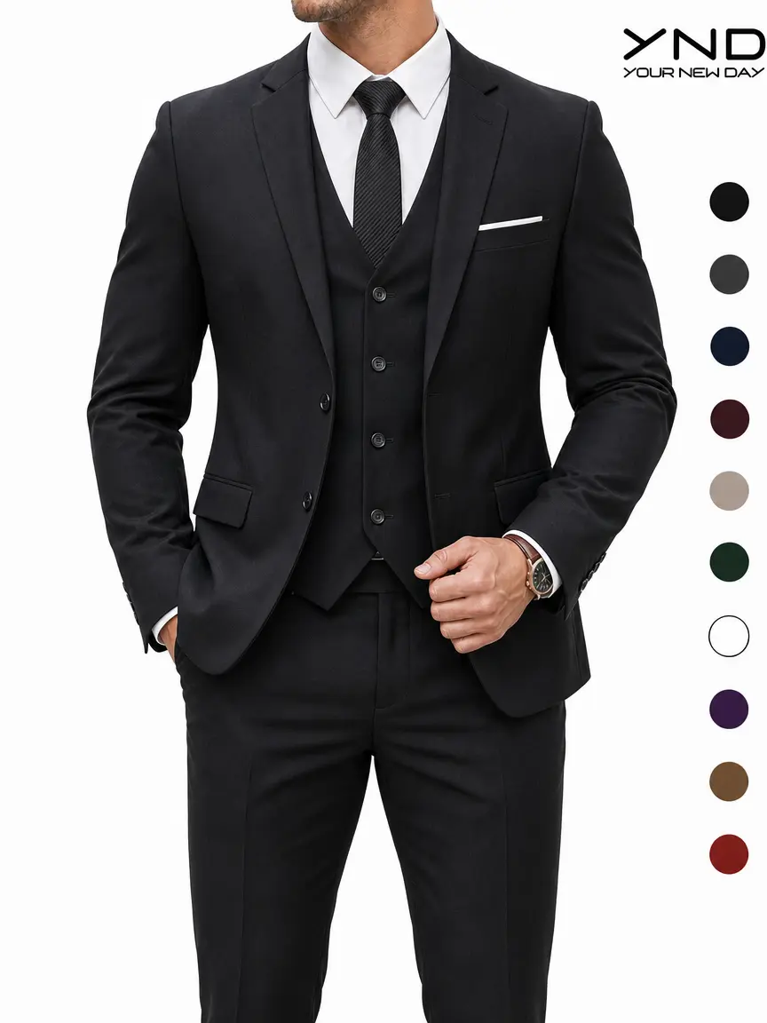 YND Men's 3-Piece Long Sleeve Classic Business Office Suit Set - Formal Menswear with Vest, Pants, Tie for Wedding, Party (Beige, Black)