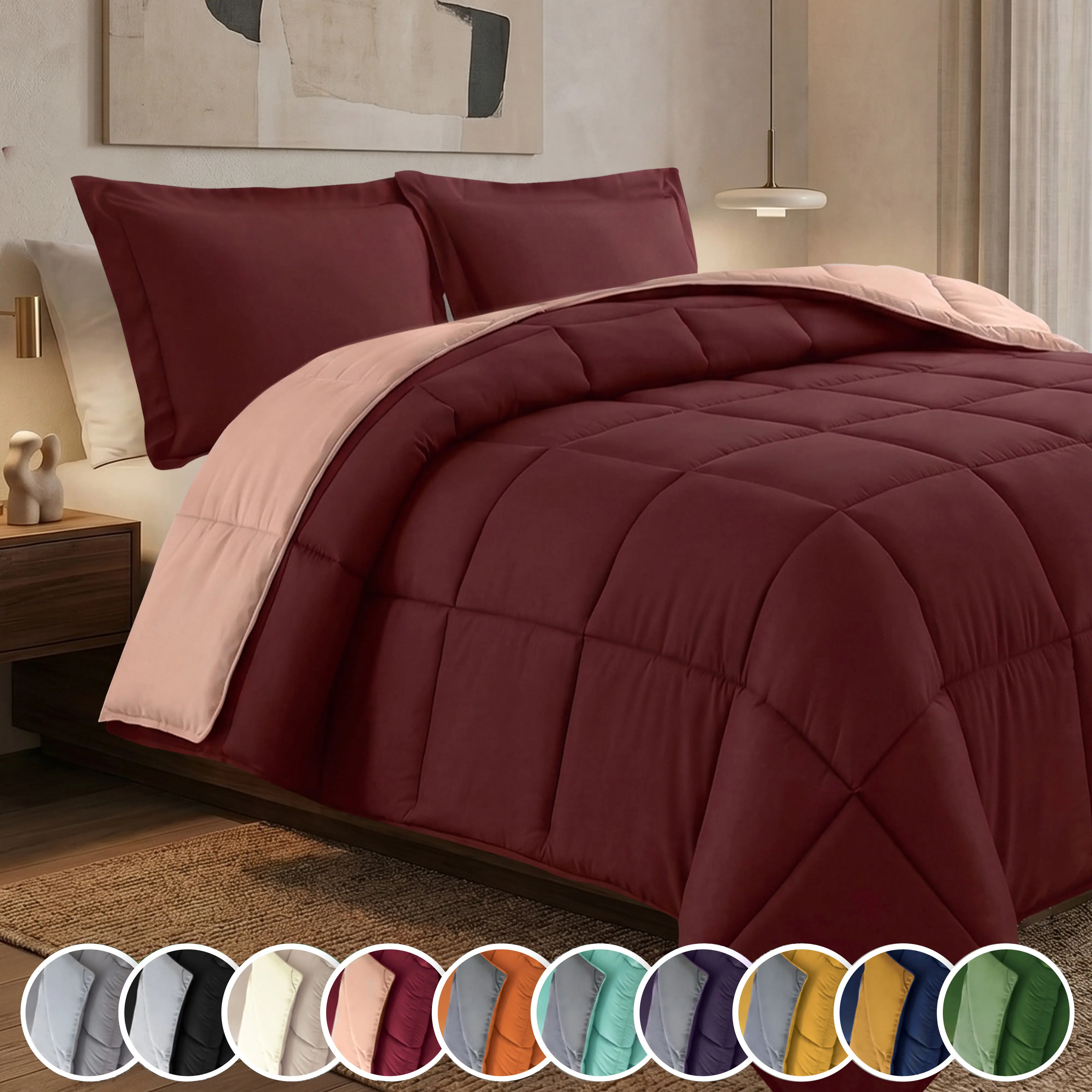 Luxurious Quilted Comforter in Rich Maroon with Soft Pink Trim - Perfect for Cozy Bedrooms - Available in Multiple Colors