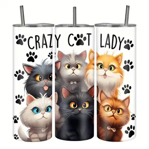 [Cute Cat Tumbler Gift] 20oz Stainless Steel Cat Tumbler | Leak Proof, Machine Washable, Double-Wall Vacuum Insulated Water Bottle with Lid and Straw - Cute Cat Design, Ideal for Cat Lovers, Perfect for Mother's Day