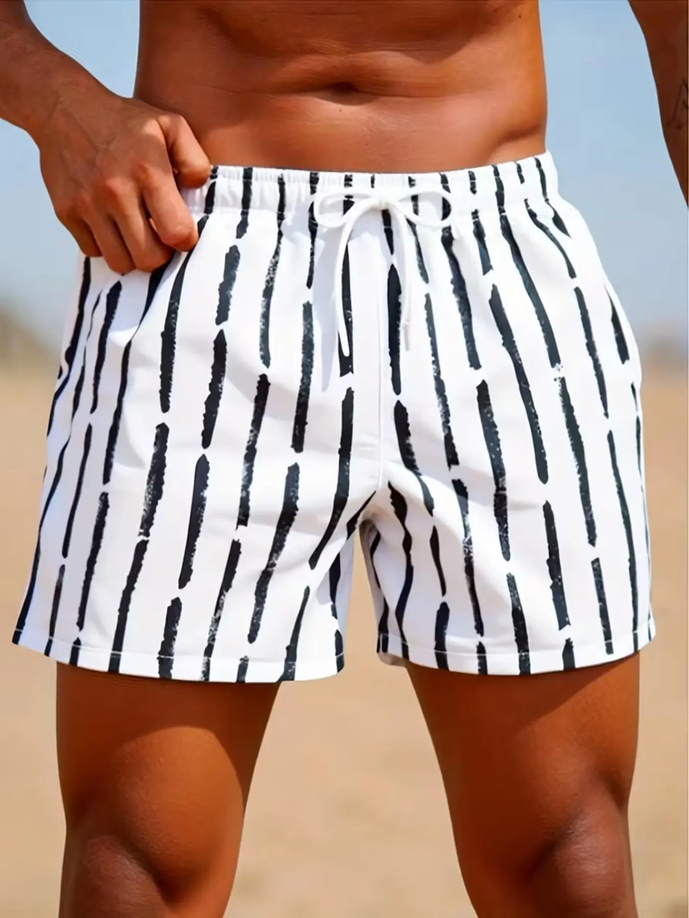 Men's Adjustable Drawstring Waist Summer Swim Trunks, Swim Shorts, Swimwear Shorts, Outdoor Swimwear, Hidden Pocket, Ideal for Surfing, Swimming, Vacation, Pool, Beach, Travel, Durable, Classic Striped Design, Swim Bottoms