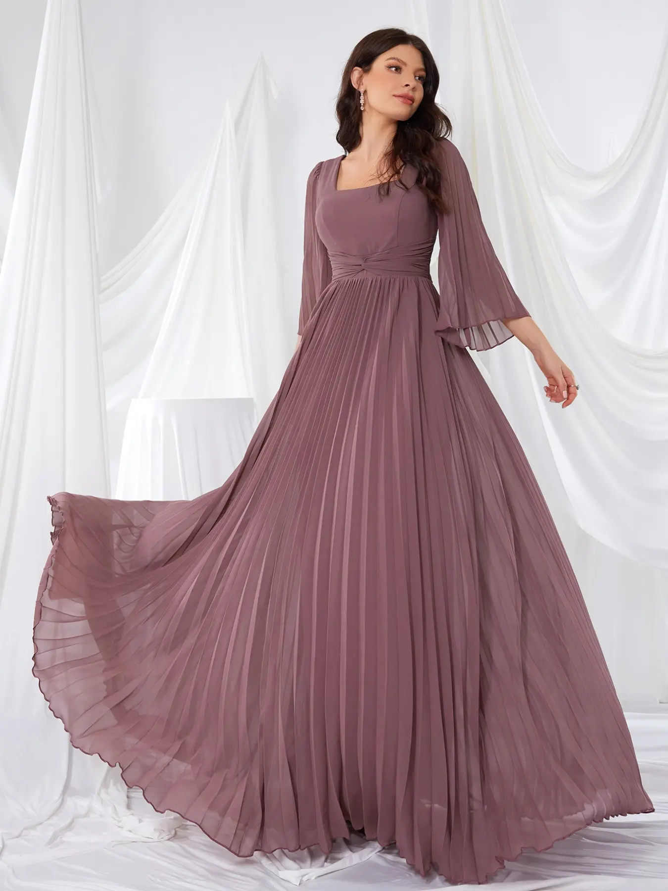 Elegant Square Neck Flared Long Sleeve Chiffon Formal Wear Bridesmaid Maxi Dress, Waist Pleated Bow Knot Design, Flowy A-Line Gown for Special Occasions