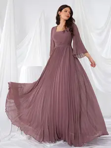Elegant Square Neck Flared Long Sleeve Chiffon Formal Bridesmaid Maxi Dress, Waist Pleated Bow Knot Design, Flowy A-Line Gown for Special Occasions
