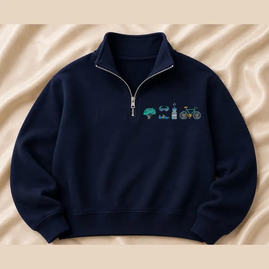 Cycling Icons Quarter Zip Pullover, Embroidered Cycling Graphic Sweatshirt, Biking Fleece Top, Outdoor Sports Casual Wear, Unisex Half Zip Jacket