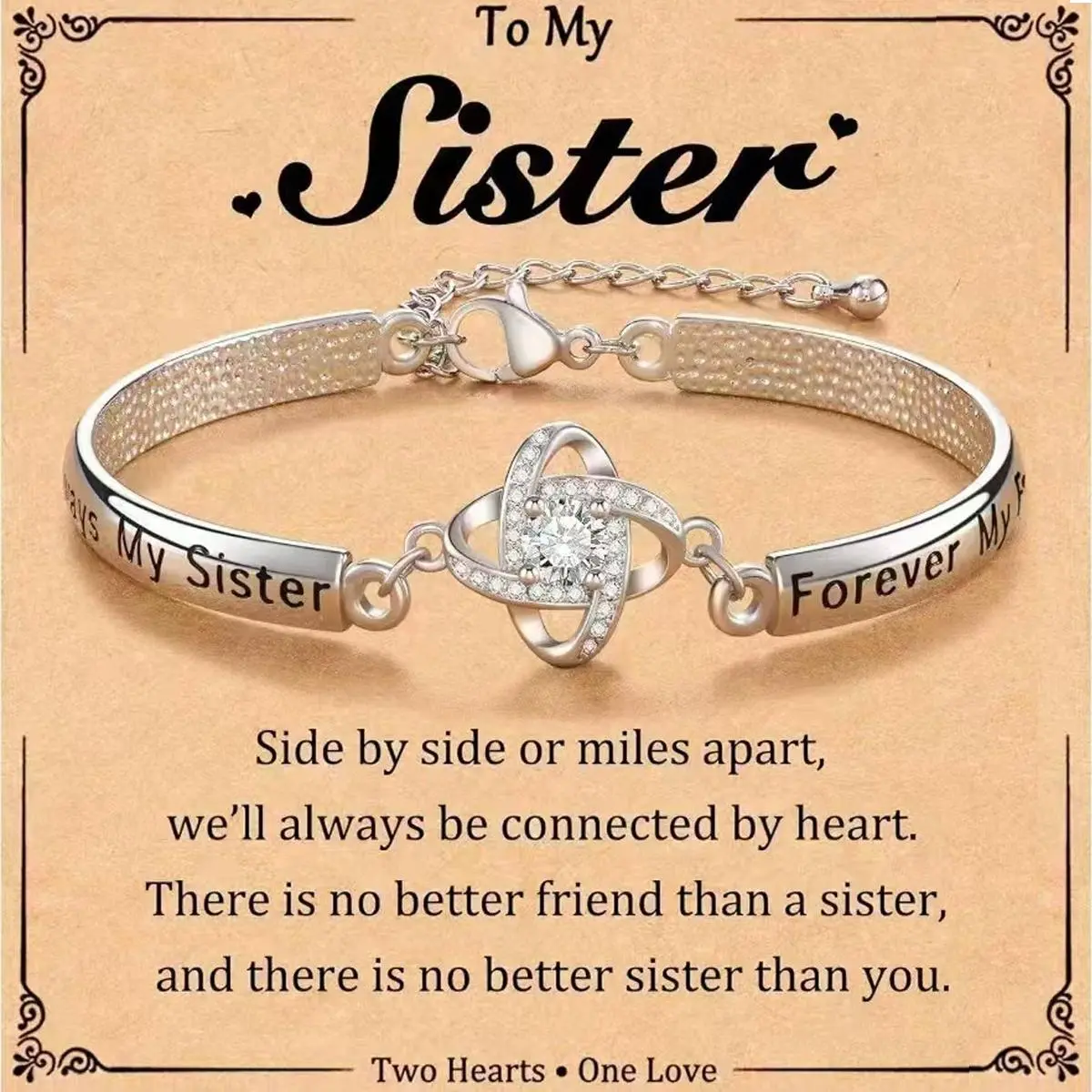 Best Sister Bracelet, Heart Charm Bracelet with Engraved Message and CZ Stone, Dainty Fashion Jewelry Gift for Women Girls, Meaningful Sister Friendship Gift for Birthday, Anniversary and Special Moments