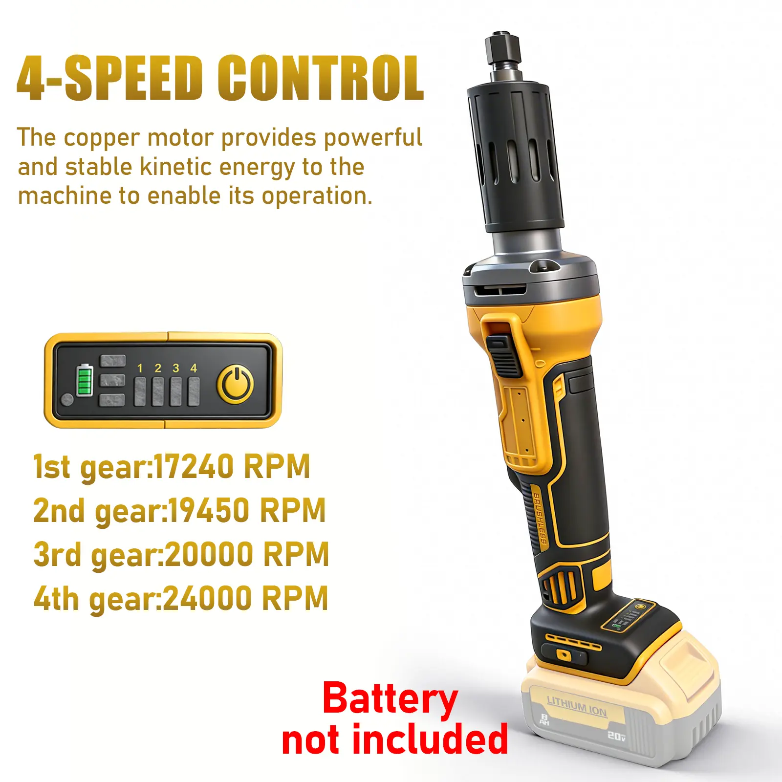 Brushless Motor Cordless Die Grinder, Dewalt 20V MAX Battery Compatible, 1/4" Collet, 26000 RPM, 4 Variable Speeds for Metal/Wood Grinding, Polishing, Deburring (Tool Only, No Battery)