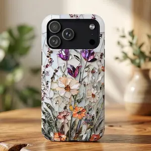 Wildflower Mosaic Phone Case Botanical Floral Print Tough Case for iPhone Samsung Polycarbonate TPU Impact Resistant Shock Dispersion Glossy Finish with Wireless Charging Support