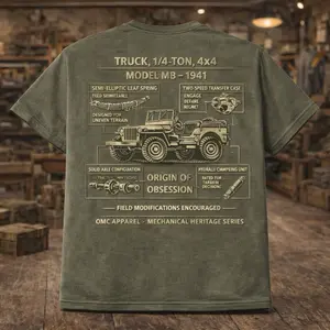 OMC Apparel Mechanical Heritage Series Truck 1/4-Ton 4x4 Model MB-1941 Tshirt with Detailed Diagrams and Field Modifications Encouraged