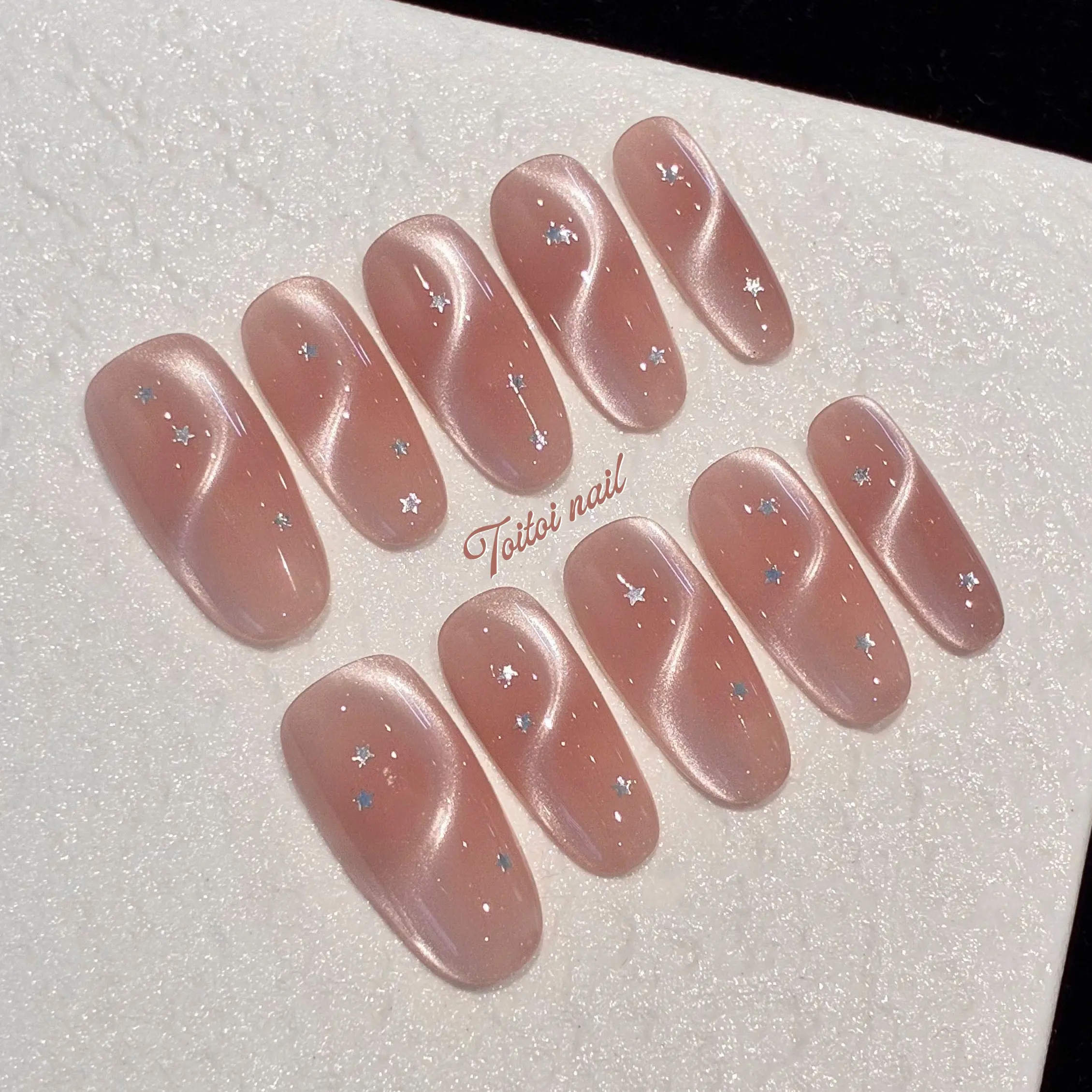 Nude Pink Luxury Rhinestone Collection Handmade Press-On Nails, 10pcs, Nail Rhinestones, Soft Fairy Style, Nude Pink Base & Cat Eye/Glitter Gradient & Multiple Rhinestone Star Accents, High Gloss Finish, Reusable DIY Nail Kit for Spring