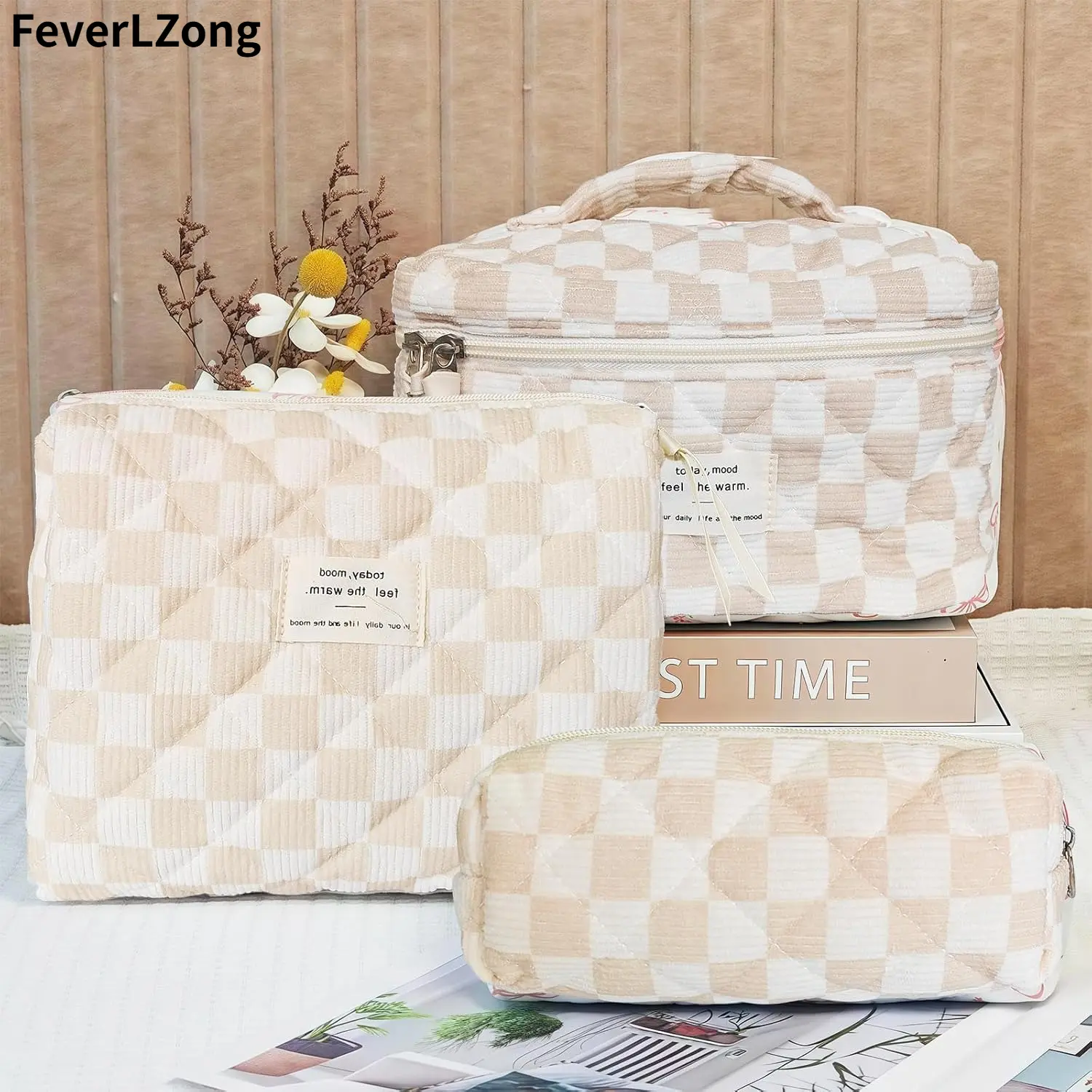 Padded Cotton Cosmetic Bag Set 3pcs  Makeup Bag Quilted Large Makeup Bag Set Floral Organizer Makeup Travel Bag multi-functional cosmetic bag  set pouch  organizer  singles