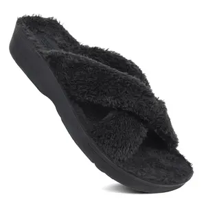 AEROTHOTIC - Lola Warm Fuzzy House Slippers for Womens - Soft Faux Fur Material - Cross Straps -Non-Slip Sole