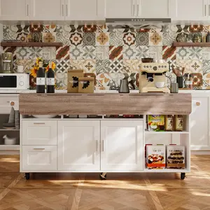 54" Large Rolling Kitchen Island Cart On Wheels with Drop Leaf Breakfast Bar Spice Towel Rack Mobile Island Table with Storage Moveable Cabinet Drawer for Kitchen