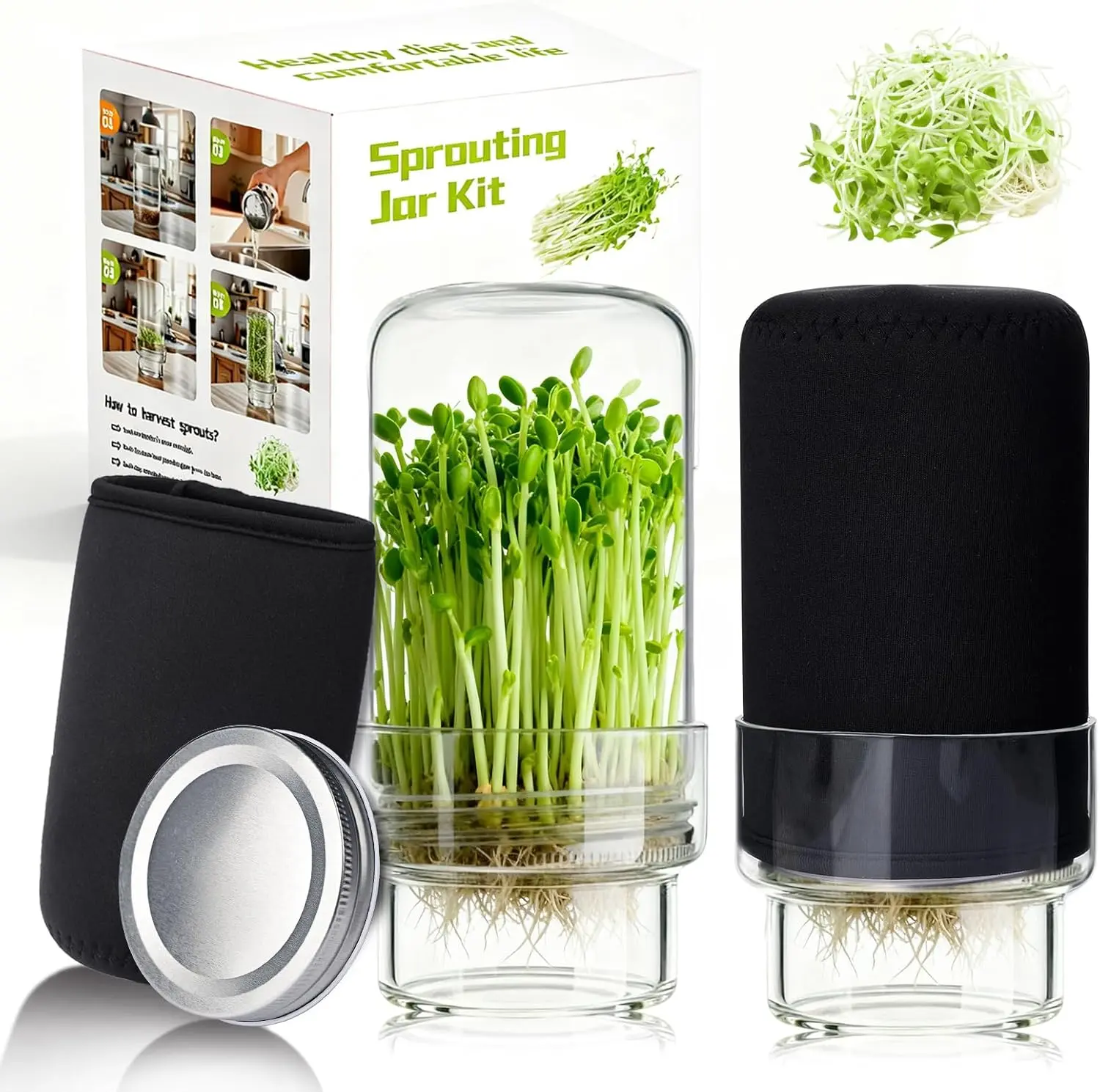 Sprouting Jar Kit, 2 Pack Wide Mouth Mason Jar Sprouting Kit with Sprout Lids, Blackout Sleeves, Drain Cover, Perfect for Home Gardeners, Health Enthusiasts & Vegan Diets