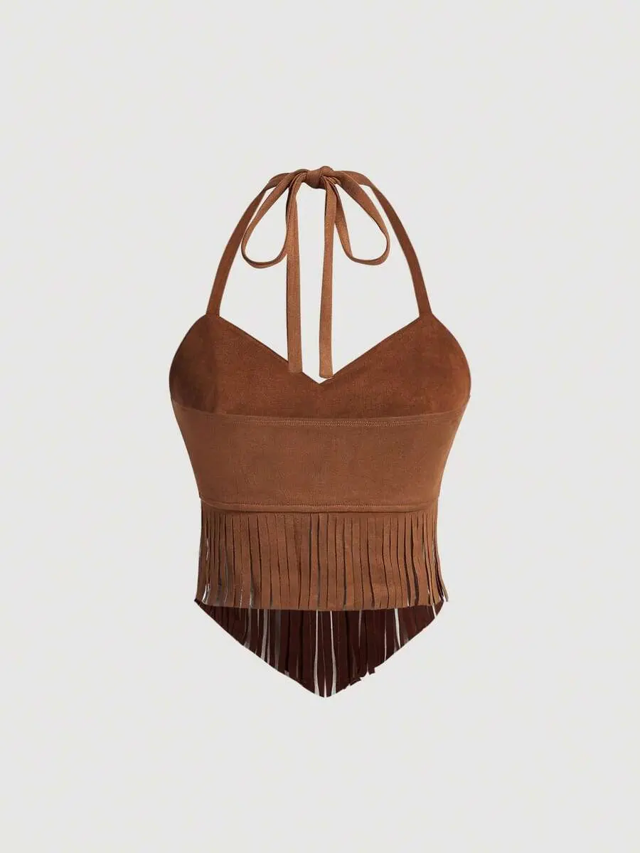 Vintage Brown Suede Halter Top With Tassel For Women