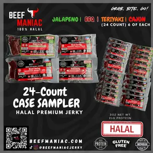Halal Beef Jerky 24-Count Case Sampler by Beef Maniac | Natural Hardwood Smoked Premium Jerky Made in Michigan