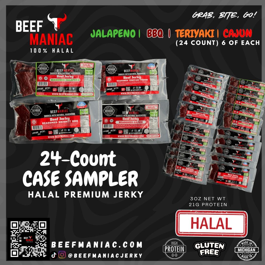 Halal Beef Jerky 24-Count Case Sampler by Beef Maniac | Natural Hardwood Smoked Premium Jerky Made in Michigan