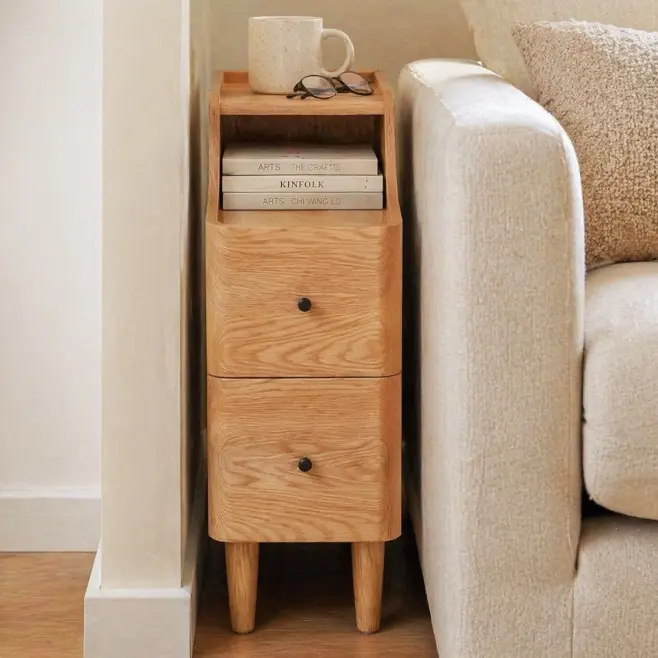 YESWOOD Solid Wood Nightstand, Narrow Nightstands with 2 Drawers, Natural Oak Night Stand with Open Shelf, 24.41" Tall Bedside Table for Small Spaces, Modern Skinny Side Tables for Bedroom, Bathroom