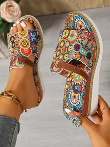 Women's Summer Floral Thick Sole Comfortable Bohemian Style Sandals, Vacation Casual Home Shoes, Simple Lightweight Floral Print Sandals, Perfect for Relaxing Days