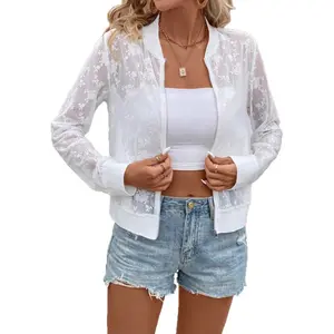 Women's Short Casual Jacket Coat with Floral Lace Splicing and Zipper Closure for Womenswear Tops