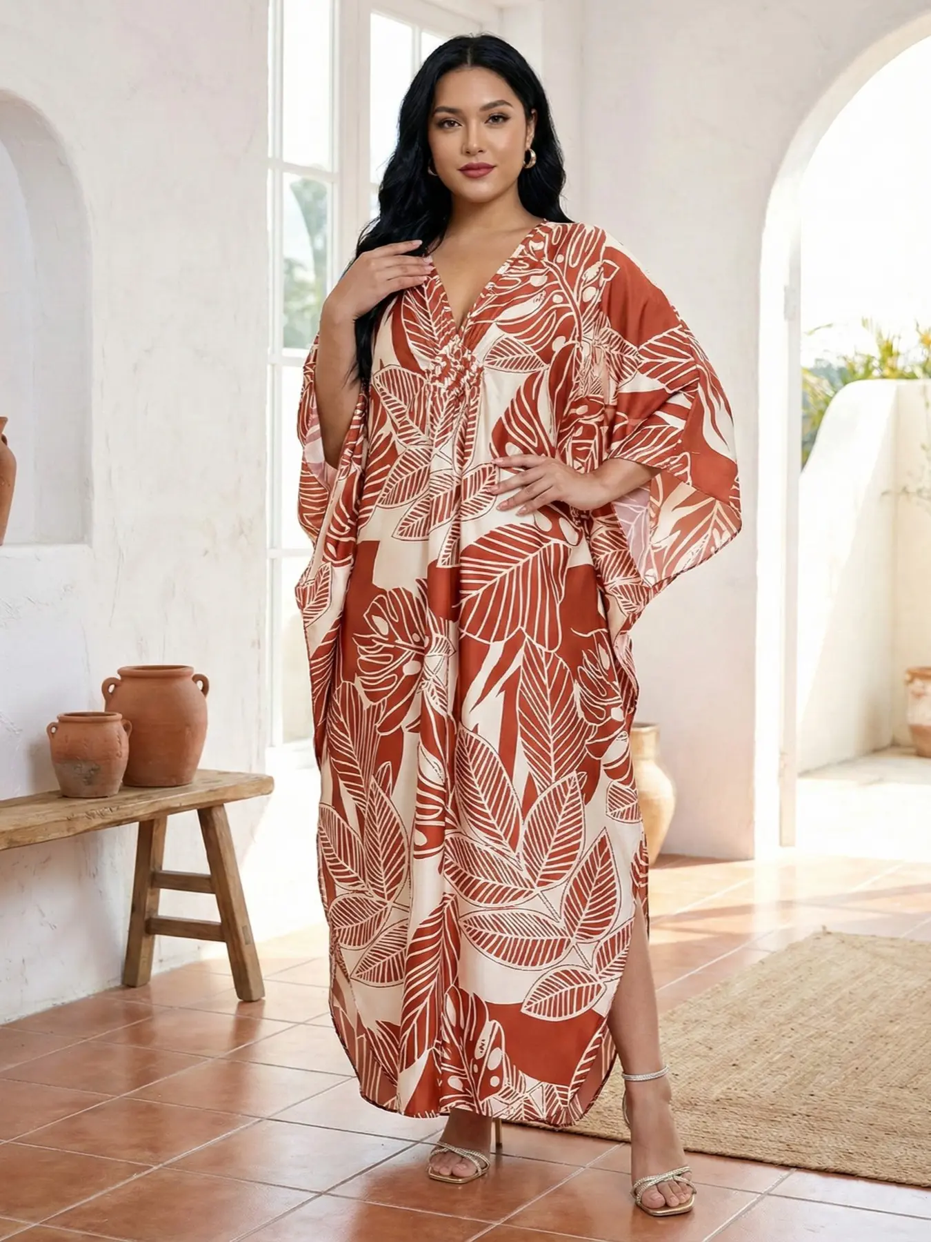 EDOLYNSA kaftan Moo Moo Dress Boho oversized printing caftan Batwing Sleeve  bathing suit cover up quick-dry beach wear maxi dress house dress versatile  robe summer wear flowy outfit Q1838 - TikTok Shop