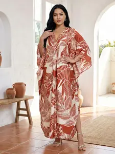 EDOLYNSA kaftan Moo Moo Dress Boho oversized printing caftan Batwing Sleeve bathing suit cover up quick-dry beach wear maxi dress house dress versatile robe summer wear flowy outfit Q1838