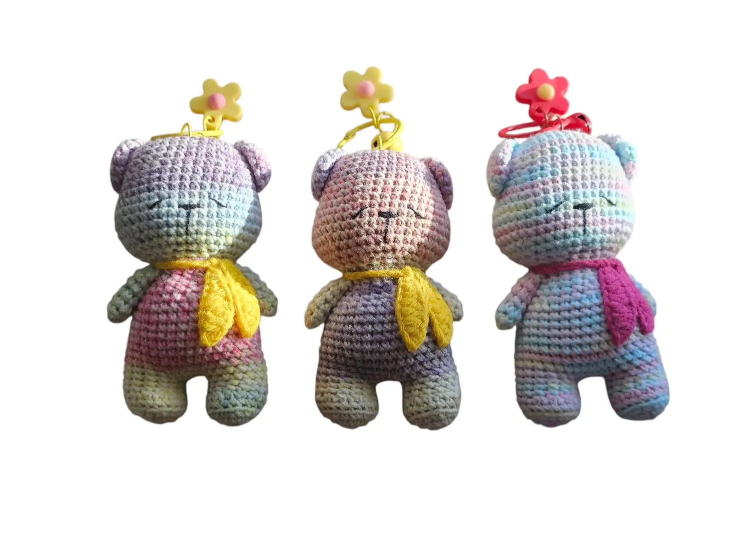 Handmade Crochet Bear Keychain Pastel Plush Bag Charm Soft & Lightweight 4.5" Cute Flower Keyring Perfect for Gifts & Personal Use