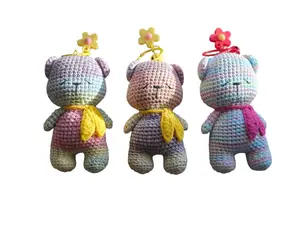Handmade Crochet Bear Keychain Pastel Plush Bag Charm Soft & Lightweight 4.5" Cute Flower Keyring Perfect for Gifts & Personal Use