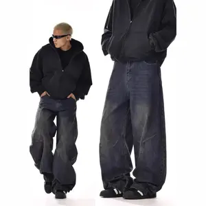 Static Cuff Four Season Fashion 2025 Men's Vintage Casual Trendy Washed Wide Leg Straight Solid Color Jean Trousers Male Denim Pants Clothes