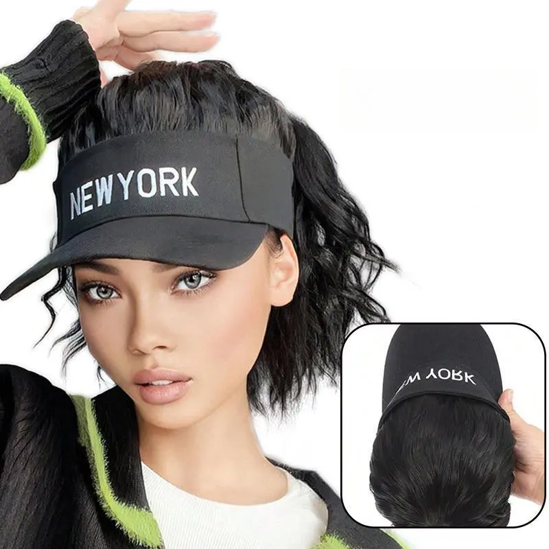 Women's Adjustable Black Satin Lined Baseball Cap Wig, 2025 Winter Essential, 12 Inch Synthetic High-Temperature Silk Corn Silk Curly Short Ponytail, for Daily & Party Use (Adjustable Caps Included), Satin Lined Hat, High Temp Silk