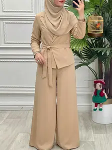 ZANZEA Women's Casual Suit Set, Notched Lapel Long Sleeve Tie Waist Blazer Without Lining or Pockets, Wide Leg Pants with Back Elastic, Ideal for Daily Wear, Two Piece Set Women