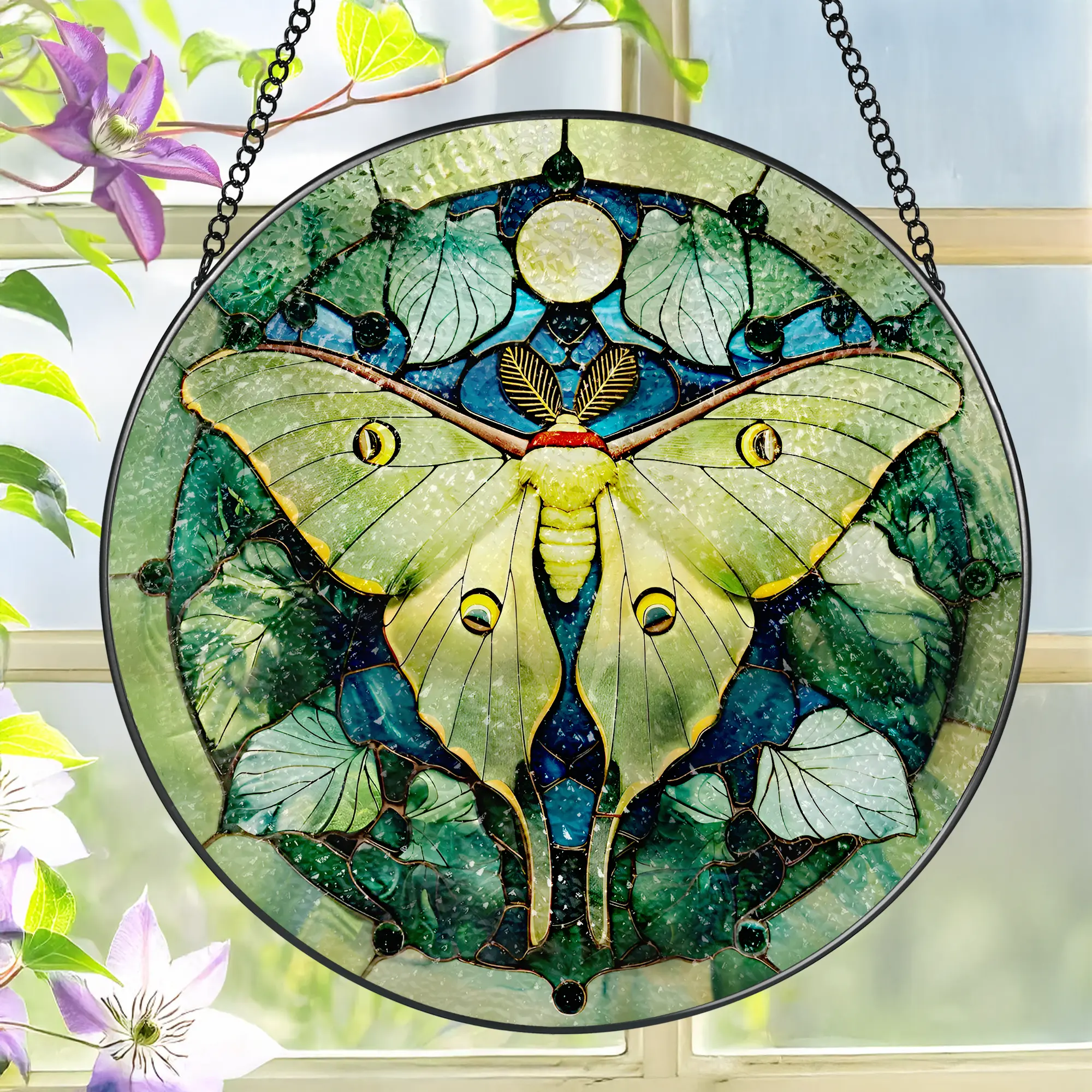 8-Inch Luna Moth Stained Glass Sun Catcher, Hangable Stained Glass Hanging Decor, Home Inspo Nature Art Room Art, Ideal Gift for Gift Exchanges, Decorative