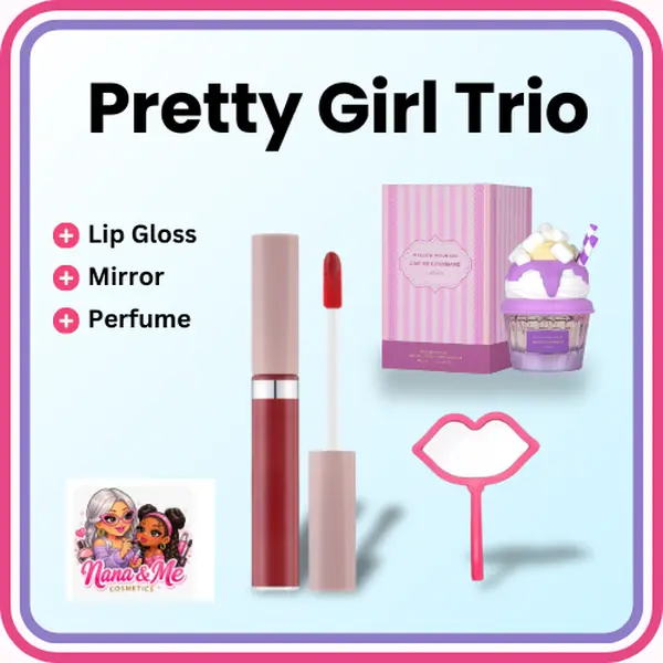 Pretty Girl Trio Makeup Gift Set – Lip Gloss, Sweet Perfume & Lip Shaped Mirror for Girls