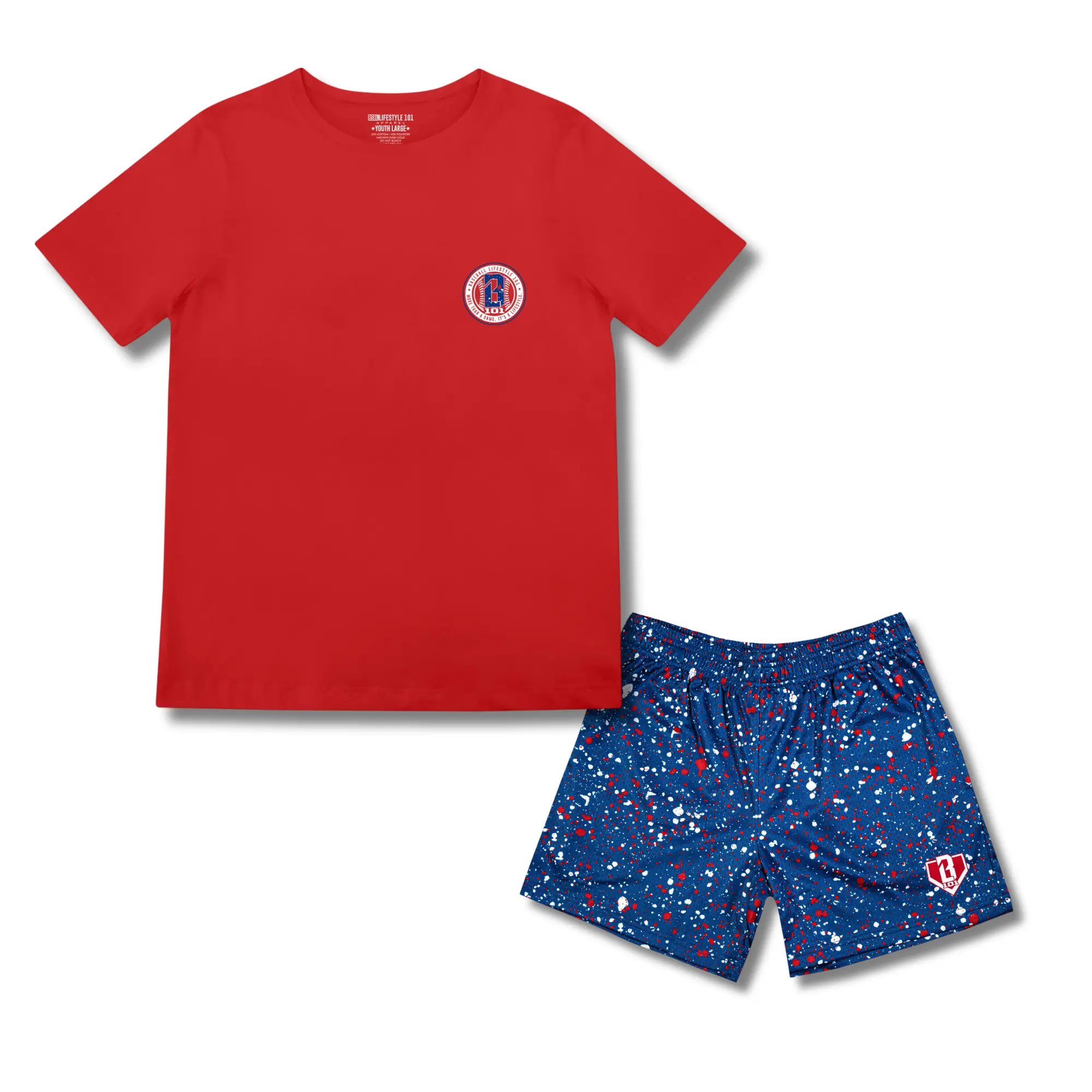 Baseball Lifestyle 101 Splatter Established Baseball Tee & Mesh Shorts Set | Summer Athletic Outfit for Youth & Adults