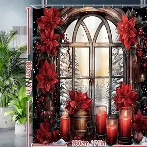 Christmas window scene with white snow and red candles shower curtain, perfect for bathroom decoration, partitions, and beautifying space. Made of durable polyester material, easy to clean, machine washable, available in multiple sizes, includes hooks.