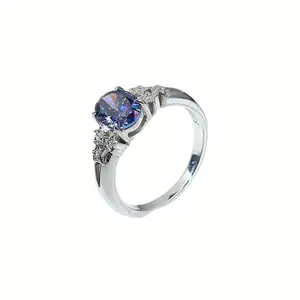 Moissanite Ring S925 Silver 1.5 Carat Star Sapphire Blue Oval Egg-Shaped Moissanite Diamond Ring
