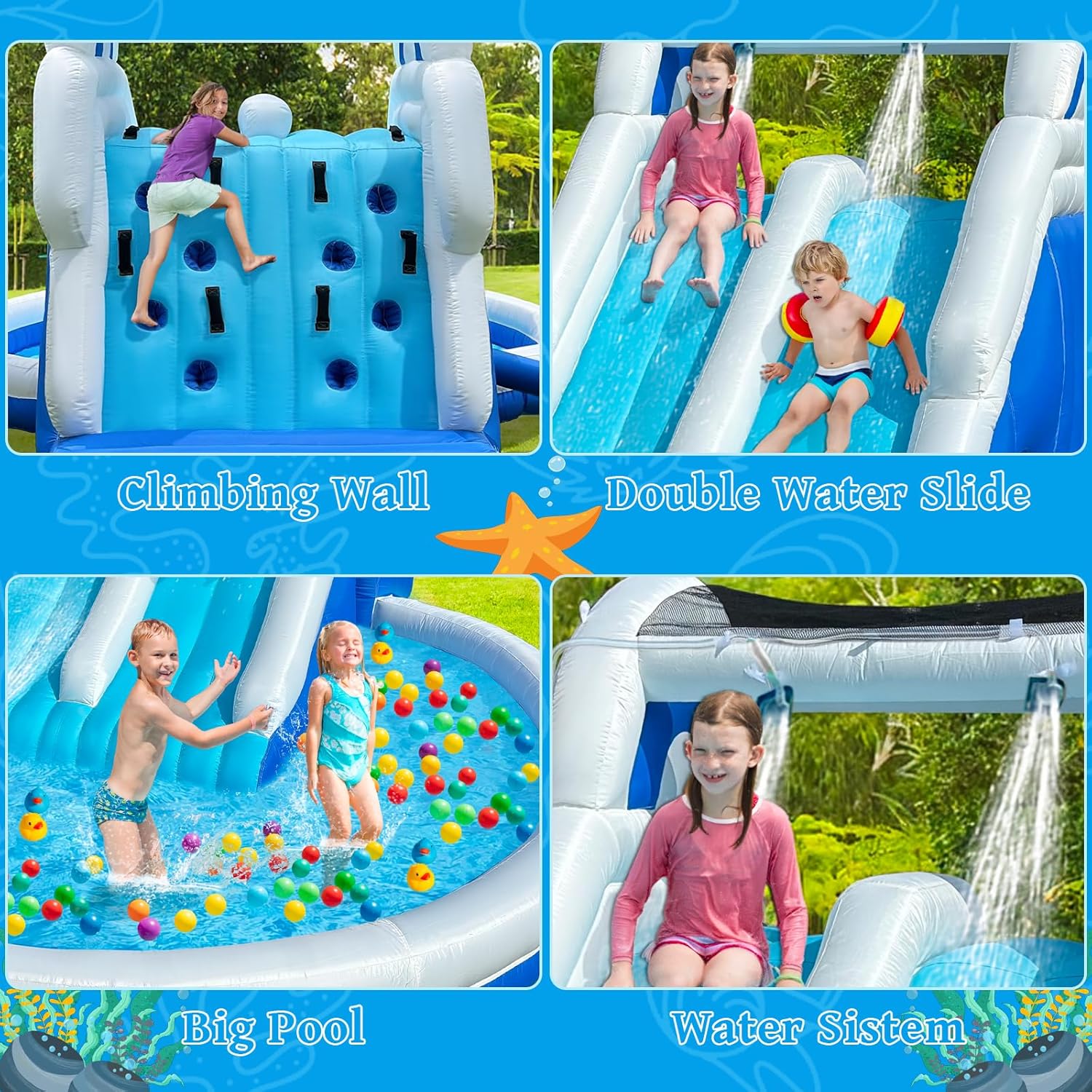 Inflatable Double Water Slide Inflatable Water Slide with Dual Slides & Large Splash Pool, 6-in-1 Backyard Water Park with Water Cannons, Arched Sprinkler, Includes Blower