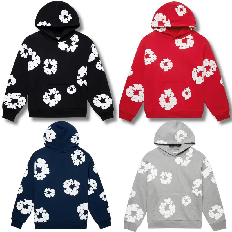 Y2K Denim Floral Graphic Hoodie | Vintage Streetwear Pullover Sweatshirt for Youth & Adults, Couple Style